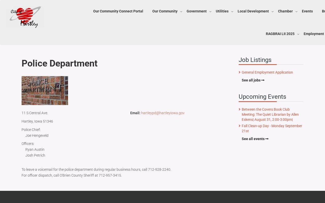 Hartley Police Department arrest-record contact page